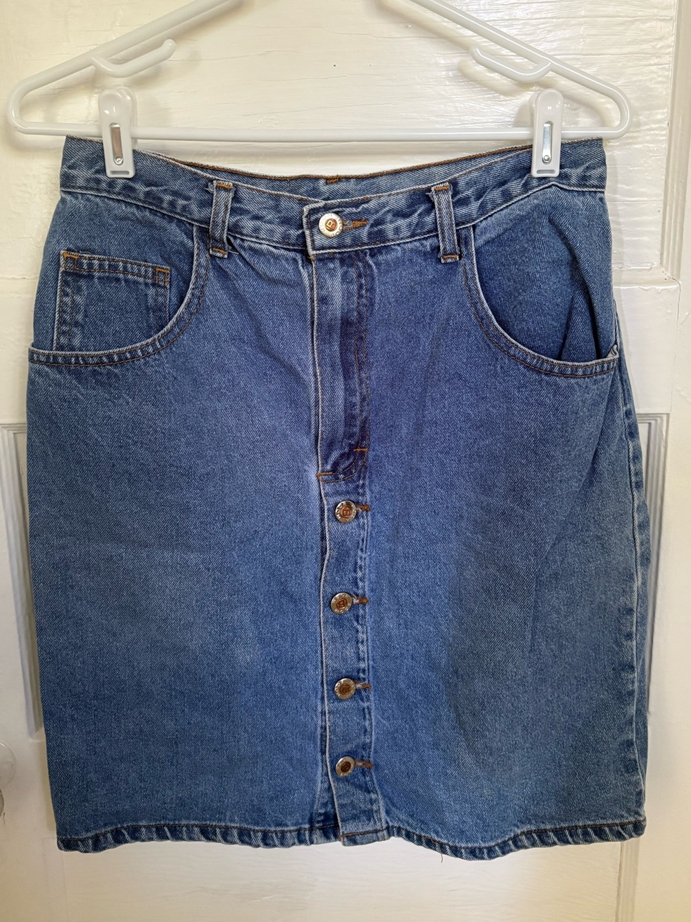 Women’s Vintage Boom-Boom Denim Skirt — Mid-Rise Blue Button-Front